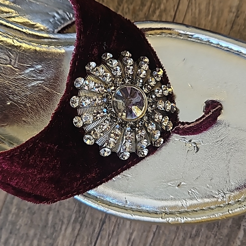 Grazie Burgundy Velvet Jeweled Thong Mules - Picture 3 of 5